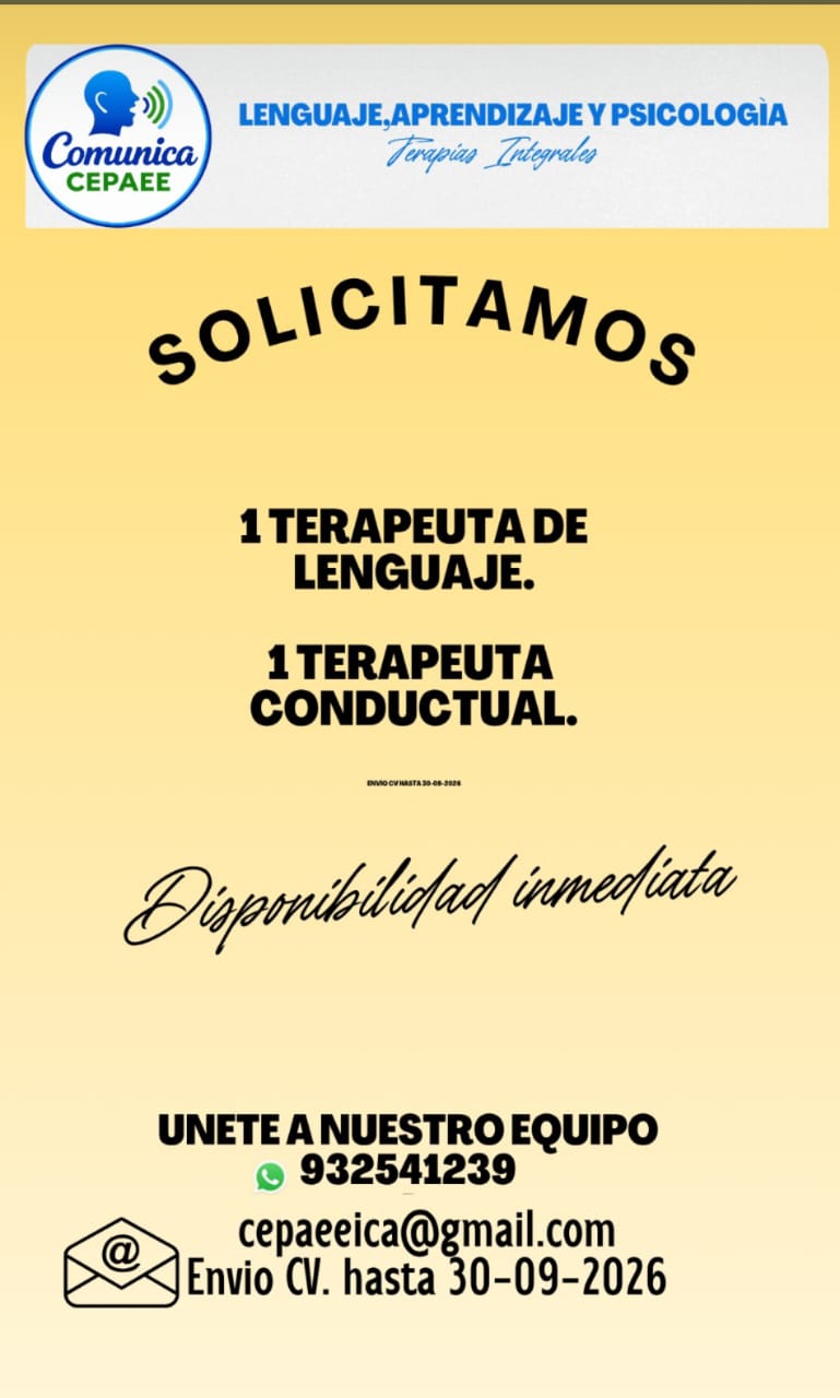 SOLICITAMOS TERAPEUTA LENGUAJE  Y TERAPEUTA CONDUCTUAL